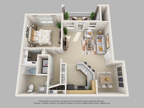 Edgewater Vista Apartments, Decatur Georgia, 1x1 Birch 3D floorplan
